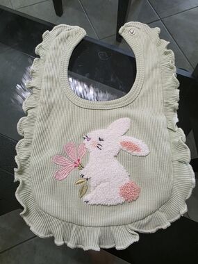 Source Unknown Sage Green Baby Bib with Bunny and Pink Flower